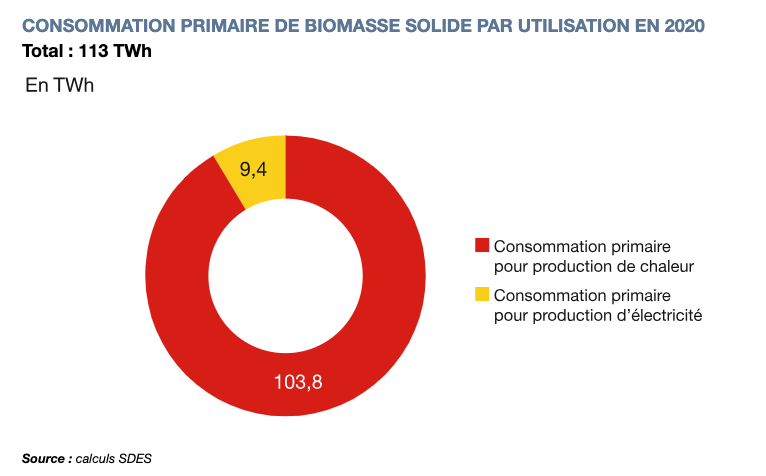 Consommation primaire de biomasse solide par utilisation en 2020